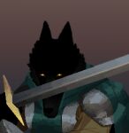 armor black_body canid canine canis cape clothing death green_cape green_clothing knight male mammal melee_weapon mertvykhcrows silver_(metal) silver_armor solo sword warrior weapon wolf yellow_eyes