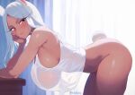  1girl animal_ears ass bent_over boku_no_hero_academia bottomless breasts closed_mouth covered_nipples curtains dark-skinned_female dark_skin elbow_rest from_side hanging_breasts head_rest highres indoors large_breasts light_smile long_eyelashes long_hair looking_at_viewer mirko naked_shirt no_bra nutsbutty rabbit_ears rabbit_girl rabbit_tail red_eyes see-through see-through_shirt shirt sideboob solo standing tail tank_top thighs twitter_username white_hair white_tank_top window 