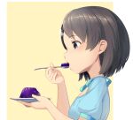  1girl black_eyes black_hair blue_shirt breasts eating from_side gelatin hair_ornament hairclip hands_up holding holding_plate holding_spoon idolmaster idolmaster_cinderella_girls idolmaster_cinderella_girls_starlight_stage looking_at_another open_mouth plate sasaki_chie shirt short_hair short_sleeves simple_background small_breasts solo spoon upper_body yellow_background yoshika_(music480069) 
