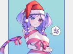  1girl anger_vein blue_background blue_eyes braid breasts cleavage english_commentary fang goat_king hat head_wings heterochromia highres large_breasts long_hair naked_ribbon nijisanji nijisanji_en purple_eyes purple_hair ribbon santa_hat selen_tatsuki skin_fang solo spoken_anger_vein tail twin_braids upper_body virtual_youtuber wings 