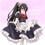  apron bellezza_felutia black_hair blue_eyes blush bow crossdressing dress dress_lift felutiahime hair_between_eyes heterochromia highres long_hair looking_at_viewer maid maid_headdress male_focus nose_blush original otoko_no_ko puffy_short_sleeves puffy_sleeves red_bow red_eyes short_sleeves solo sweat twitter_username very_long_hair waist_apron white_legwear 