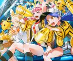 &gt;_&lt; 3girls baseball_cap belt belt_buckle blonde_hair buckle casey_(pokemon) cheering closed_eyes commentary_request cup day disposable_cup drinking drinking_straw elekid eyelashes hairband hat highres jacket jasmine_(pokemon) magneton multiple_girls open_mouth orange_mikan outdoors pink_hair pokemon pokemon_(anime) pokemon_(classic_anime) pokemon_(creature) shirt shorts shouting sitting socks striped_clothes striped_socks teeth tongue two_side_up white_hairband whitney_(pokemon) yellow_eyes yellow_jacket 