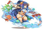  absurdly_long_hair amenouzume bangs bell blue_eyes blue_hair blunt_bangs branch breasts detached_sleeves fish flower full_body fullbokko_heroes hair_bell hair_flower hair_ornament highres holding_branch large_breasts leg_up long_hair looking_at_viewer navel official_art pelvic_curtain shigatake sidelocks simple_background smile solo very_long_hair water wet white_background wide_sleeves 
