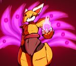  anthro bzeh canine capcom clitoris crossgender cubit_foxtar female fire fox hi_res machine mammal mega_man_(series) megaman_zero mouthless multi_tail navel orange_eyes pussy reploid robot simple_background solo standing video_games 