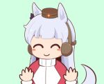  1girl ^_^ animal_ears blush_stickers bow brown_hat chibi closed_eyes closed_mouth ear_bow ear_covers facing_viewer gold_ship_(umamusume) gomashio_(goma_feet) green_background hands_up hat horse_ears horse_girl horse_tail jacket long_sleeves lowres mini_hat purple_bow red_jacket simple_background solo tail track_jacket umamusume upper_body 