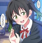  1girl absurdres black_hair black_jacket blurry blurry_background blush collared_shirt commentary_request gradient_hair green_eyes green_hair grey_vest hair_between_eyes highres indoors jacket looking_at_viewer love_live! love_live!_nijigasaki_high_school_idol_club medium_hair multicolored_hair neck_ribbon nijigasaki_academy_school_uniform open_clothes open_jacket open_mouth red_ribbon ribbon school_uniform shinonome_sakura shirt sidelocks solo speech_bubble takasaki_yu teeth translation_request twintails upper_body upper_teeth_only vest white_shirt winter_uniform 