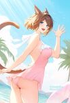 1girl animal_ears ass blue_eyes breasts brown_hair casual_one-piece_swimsuit cat_ears cat_tail day dutch_angle final_fantasy final_fantasy_xiv highres large_breasts looking_at_viewer lyra-kotto miqo&#039;te one-piece_swimsuit open_mouth outdoors palm_tree short_hair solo swimsuit tail tree 