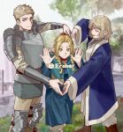  1boy 2girls armor artist_name blonde_hair blue_capelet blue_robe brother_and_sister capelet dungeon_meshi erober falin_thorden feet_out_of_frame hair_around_ear hashtag_only_commentary heart heart_arms highres laios_thorden long_sleeves looking_at_another looking_at_viewer marcille_donato multiple_girls outdoors plate_armor pointy_ears robe short_hair siblings smile tree twitter_username 