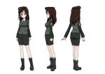  1girl black_footwear black_necktie blue_eyes brown_hair closed_mouth concept_art emblem from_behind from_side full_body girls_und_panzer hat jacket japanese_tankery_league_(emblem) long_hair long_sleeves megumi_(girls_und_panzer) miniskirt multiple_views necktie official_art pencil_skirt selection_university_military_uniform simple_background skirt standing swept_bangs white_background 