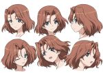 1girl azumi_(girls_und_panzer) blue_eyes brown_hair closed_mouth collarbone concept_art from_side girls_und_panzer hair_between_eyes light_smile multiple_views official_art one_eye_closed open_mouth parted_bangs short_hair simple_background white_background 