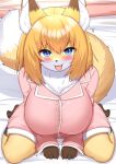 2024 anthro barefoot bed big_breasts blonde_hair blue_eyes blush breasts brown_body brown_fur canid canine claws clothing cute_fangs digital_media_(artwork) dipstick_ears dipstick_tail fangs feet female female_anthro fluffy fox fox_next_door_(horokusa) fur furniture gloves_(marking) hair hi_res high-angle_view horokusa0519 huge_breasts inner_ear_fluff kemono leg_markings looking_at_viewer mammal markings multicolored_body multicolored_ears multicolored_fur neck_tuft on_bed open_mouth pajamas short_hair sitting socks_(marking) solo tail tail_markings teeth tight_clothing toe_claws toes tongue tongue_out tuft wariza white_body white_fur yellow_body yellow_fur