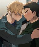  2boys against_wall ao_isami black_hair blonde_hair blush couple eye_contact face-to-face facial_hair hand_on_wall kabedon kiri_futoshi lewis_smith looking_at_another male_focus multiple_boys nervous_sweating profile sideburns_stubble stubble sweat thick_eyebrows upper_body yaoi yuuki_bakuhatsu_bang_bravern 