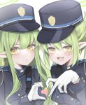 2girls absurdres black_hat black_jacket blue_archive buttons double-breasted earrings fang gloves green_hair green_halo halo hat heart heart_hands heart_hands_duo highlander_sidelocks_conductor_(blue_archive) highlander_twintails_conductor_(blue_archive) highres jacket jewelry long_hair long_sleeves looking_at_viewer multiple_girls naga_(naga83972211) open_mouth parted_lips peaked_cap pointy_ears sidelocks simple_background skin_fang smile twintails white_background white_gloves yellow_eyes 