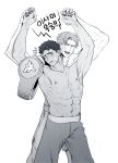  2boys abs absurdres ao_isami arms_up bandaid bruise cowboy_shot facial_hair greyscale highres injury korean_text lewis_smith male_focus monochrome multiple_boys nipples poyosoftware sideburns_stubble stubble thick_eyebrows three-toned_background translation_request victory wrestling_belt wrestling_outfit yaoi yuuki_bakuhatsu_bang_bravern 