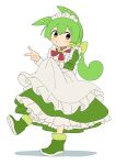  1girl alternate_costume apron blush boots bow brooch closed_mouth commentary_request dress frilled_apron frilled_dress frills green_bow green_dress green_footwear green_hair hair_between_eyes hair_bow hands_up holding_apron jewelry leg_up long_hair long_sleeves looking_to_the_side low_ponytail maid maid_apron maid_headdress nakkasu neck_ribbon orange_eyes ponytail puckered_lips red_ribbon ribbon shadow sleeve_cuffs solo standing standing_on_one_leg v voicevox white_background zundamon 