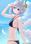  1girl amane_kanata angel angel_wings bare_shoulders bikini black_bikini blue_hair blue_sky blush breasts closed_mouth colored_inner_hair commentary_request cowboy_shot day feathered_wings grey_hair hair_ornament halo halterneck hand_up highres hololive looking_at_viewer multicolored_hair outdoors pink_hair purple_eyes short_hair single_hair_intake sky small_breasts smile solo standing star_halo streaked_hair string_bikini swimsuit tataki_worker v virtual_youtuber water wings 