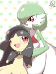  bob_cut colored_skin dress gardevoir green_hair hair_over_one_eye heart highres mawile multicolored_skin open_mouth pink_eyes pokemon pokemon_(creature) shabana_may signature smile two-tone_skin white_background white_dress white_skin yellow_skin 
