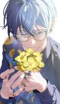  1boy aoyagi_touya bespectacled blue_hair buttons closed_mouth commentary_request dark_blue_hair earrings fingernails flower glasses grey_eyes hanada_09 highres holding holding_flower jewelry long_sleeves male_focus mole mole_under_eye multicolored_hair official_alternate_costume project_sekai ring short_hair simple_background solo split-color_hair tears two-tone_hair upper_body white_background yellow_flower 