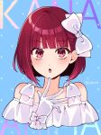  1girl arima_kana blush bow character_name dress gloves hair_bow hair_ornament highres junjonta looking_at_viewer medium_hair open_mouth oshi_no_ko red_eyes red_hair solo twitter_username white_bow white_dress white_gloves 