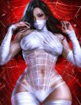  1girl absurdres black_hair breasts brown_eyes cindy_moon covered_nipples eyelashes hair_over_one_eye highres leotard logan_cure long_hair looking_at_viewer marvel navel silk silk_(marvel) skin_tight solo spider-man spider-man_(series) spider_web wide_hips wrapped_up 
