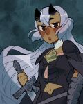  1girl armor artist_name black_eyes byleth_(female)_(fire_emblem) byleth_(female)_(fire_emblem)_(cosplay) byleth_(fire_emblem) clothing_cutout cosplay dark-skinned_female dark_skin demon_girl demon_horns fire_emblem fire_emblem:_three_houses freckles highres holding holding_sword holding_weapon horns kiwifie long_hair looking_at_viewer navel navel_cutout original purple_hair shoulder_armor solo sword weapon 