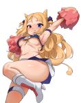 1girl ajidot animal_ears archetto_(arknights) arknights armpits blonde_hair blue_eyes blue_skirt blush boots breasts hand_up heterochromia high_heel_boots high_heels highres leg_up long_hair looking_at_viewer navel pom_pom_(cheerleading) red_eyes skirt solo two-tone_skirt white_background white_footwear white_skirt 