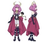  1girl aura_(sousou_no_frieren) balance_scale black_footwear black_gloves boots braid clothing_cutout demon_girl demon_horns elbow_gloves from_side full_body gloves gold_necklace holding_scale horns jewelry long_hair navel_cutout necklace official_art pleated_skirt profile purple_hair quad_braids reference_sheet skirt smile sousou_no_frieren straight-on thigh_boots transparent_background weighing_scale white_skirt 