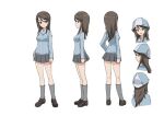  1girl blue_hat brown_eyes brown_hair closed_mouth concept_art from_behind from_side girls_und_panzer keizoku_school_uniform kneepits long_hair mika_(girls_und_panzer) miniskirt multiple_views official_art pleated_skirt school_uniform shirt simple_background skirt standing striped_clothes striped_shirt tulip_hat vertical-striped_clothes vertical-striped_shirt white_background 