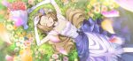  1girl ^_^ arms_up artist_request blue_flower blue_rose blurry blurry_foreground blush bouquet bracelet breasts bride brown_hair cleavage closed_eyes code_geass code_geass:_lost_stories collarbone dress dutch_angle earrings elbow_gloves facing_viewer falling_petals field floral_print flower flower_field forehead game_cg gloves grass green_flower green_rose hair_flower hair_intakes hair_ornament happy highres jewelry light_blush long_dress long_hair lying non-web_source nunnally_vi_britannia off-shoulder_dress off_shoulder official_art on_back on_ground open_mouth orange_flower petals pink_flower purple_flower purple_rose rose small_breasts smile solo straight-on wedding_dress white_dress white_flower white_gloves white_rose white_tiara yellow_flower yellow_rose 
