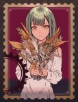  1girl bang_dream! bang_dream!_it&#039;s_mygo!!!!! black_border border bouquet closed_mouth clothing_cutout commentary_request double-parted_bangs expressionless furukawa_wanosuke gears gold_border green_hair highres holding holding_bouquet inset_border long_hair long_sleeves looking_at_viewer ornate_border outside_border postage_stamp red_background shirt shoulder_cutout sidelocks solo straight_hair upper_body wakaba_mutsumi white_shirt yellow_eyes 