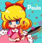  1girl blonde_hair blue_eyes blush_stickers bow bright_pupils character_name dress frying_pan hair_bow holding holding_frying_pan kumama_(amandak) mother_(game) mother_2 open_mouth paula_(mother_2) pink_dress red_bow short_hair solo star_(symbol) teeth upper_teeth_only white_pupils 