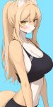  animal_ears animal_nose astel_leda black_sports_bra blonde_hair blue_background blush body_fur breasts cleavage closed_mouth collarbone commentary_request english_commentary fox_ears fox_girl fox_tail furry furry_female highres jeifier_(korfiorano01) long_hair looking_at_viewer midriff mixed-language_commentary navel original simple_background snout sports_bra tail two-tone_fur white_fur yellow_eyes 