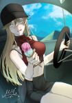  1girl :q alternate_costume aupt31 baseball_cap bismarck_(kancolle) black_skirt blonde_hair blue_eyes breasts car_interior cloud commission crop_top day food hat holding holding_food ice_cream ice_cream_cone kantai_collection long_hair looking_at_viewer midriff red_shirt shirt signature sitting skeb_commission skirt sky sleeveless sleeveless_shirt solo steering_wheel tongue tongue_out 