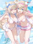  2girls animal_ear_fluff animal_ears bag beach bikini blonde_hair blue_bow blue_eyes blue_nails bow breasts cloud collarbone crossed_bangs dog_ears dog_girl flower fuwawa_abyssgard hair_bow hair_flower hair_ornament hairclip highres holding holding_bag hololive hololive_english jacket large_breasts medium_breasts midriff mococo_abyssgard multicolored_hair multiple_girls navel ocean open_clothes open_jacket open_mouth pink_eyes pink_flower pink_footwear pink_nails recording sandals shorts siblings sisters sky smile streaked_hair surfboard swimsuit tokisaka_makoto twins virtual_youtuber white_bikini white_jacket white_shorts 