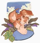 anthro brown_body brown_fur canid canine canis clothed clothing collie domestic_dog eyebrows female floppy_ears flower fur herding_dog hi_res inner_ear_fluff mammal pastoral_dog plant ramahuro sheepdog smile solo tuft
