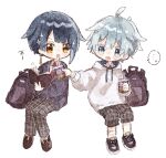  ... 2boys :o ahoge backpack bag bandaged_arm bandaged_leg bandages black_bag black_footwear blue_cardigan blue_eyes blue_hair blunt_bangs blush blush_stickers book cardigan chibi chongyun_(genshin_impact) chongyun_(gigo)_(genshin_impact) collared_shirt colored_eyelashes commentary_request cup disposable_cup drawstring drinking_straw earrings genshin_impact grey_pants hair_between_eyes highres holding holding_book holding_cup hood hood_down hoodie jewelry long_sleeves male_focus multiple_boys necktie nekorune_(bukubuku_awai) official_alternate_costume open_book open_mouth pants pants_rolled_up parted_lips plaid plaid_pants puffy_long_sleeves puffy_sleeves red_necktie school_uniform shirt shoes short_hair simple_background single_earring sneakers sparkle speech_bubble spoken_ellipsis unworn_backpack unworn_bag white_background white_hoodie white_shirt wing_collar xingqiu_(genshin_impact) xingqiu_(gigo)_(genshin_impact) yellow_eyes 