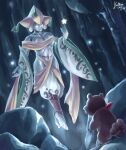  1girl absurdres barefoot bidoof breasts cave_interior closed_eyes closed_mouth collarbone colored_skin commentary dated detached_sleeves floating green_lips grey_skin hand_up highres jirachi navel pokemon pokemon_(creature) rock signature toes wide_sleeves yultzr 