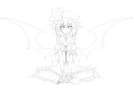 1girl absurdres adapted_costume back_bow bare_shoulders bat_wings bow bowtie center_frills collared_shirt frilled_shirt frilled_shirt_collar frilled_skirt frills greyscale hair_between_eyes hands_on_own_feet hat highres lineart looking_at_viewer mary_janes medium_hair mob_cap monochrome remilia_scarlet shirt shoes skirt socks solo touhou transparent_background utakata_(kochou_no_yume) v-shaped_eyebrows wings 