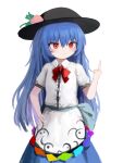  1girl black_hat blue_hair blue_skirt blush bow bowtie collared_shirt cowboy_shot elucipate fruit_hat_ornament hand_on_own_hip highres hinanawi_tenshi long_hair middle_finger rainbow_order red_bow red_bowtie red_eyes shirt short_sleeves simple_background sketch skirt touhou v-shaped_eyebrows white_background white_shirt 