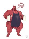 3:4 anthro apron apron_only balls barazoku belly biceps big_balls big_belly big_pecs big_penis bodily_fluids buzzybub clothing dialogue facial_hair flaccid fur genitals half-closed_eyes hi_res holding_object hyena lactating looking_at_viewer male male_lactation mammal milk muscular muscular_anthro muscular_male narrowed_eyes open_mouth pecs penis red_body red_fur restaurant solo spots spotted_hyena swirlz tankard thick_thighs