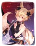  1boy animal_ears black_shirt closed_mouth fox_ears fox_tail granblue_fantasy hair_ornament hair_over_one_eye highres holding holding_umbrella japanese_clothes kh66gs kou_(granblue_fantasy) male_focus oil-paper_umbrella orange_eyes shirt smile solo tail umbrella yellow_tail 