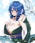  1girl amakaze16 blue_hair blush breasts cleavage highres large_breasts looking_at_breasts mermaid monster_girl open_mouth shiny_skin sweat sweatdrop tail touhou wakasagihime water 