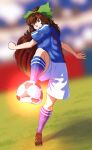  1girl absurdres alternate_costume ball blue_shirt blue_socks blurry blurry_background bow brown_eyes brown_hair closed_mouth commentary english_commentary full_body green_bow hair_bow highres long_hair looking_at_viewer outdoors reiuji_utsuho shirt short_sleeves shorts soccer_ball soccer_uniform socks solo spookoarts sportswear touhou white_shorts 