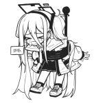  &gt;_&lt; 0dot001hz 1girl aris_(blue_archive) blue_archive blush full_body greyscale hairband halo jacket korean_text long_hair long_sleeves monochrome one_side_up open_clothes open_jacket open_mouth pleated_skirt restrained shoes skirt socks solo speech_bubble tears 