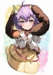  1girl ahoge animal_ears bernadetta_von_varley bernadetta_von_varley_(spring) closed_mouth commentary_request cowboy_shot dress easter_egg egg fake_animal_ears fire_emblem fire_emblem:_three_houses fire_emblem_heroes flower furrowed_brow gloves grey_eyes hair_flower hair_ornament hands_up highres holding_own_ears looking_at_viewer medium_hair nakabayashi_zun official_alternate_costume puffy_short_sleeves puffy_sleeves purple_hair rabbit_ears short_sleeves signature solo white_flower white_gloves yellow_dress yellow_flower 