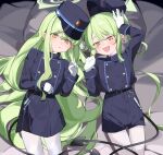  2girls absurdres bed_sheet belt black_belt black_hat black_jacket black_shorts black_skirt black_tail blue_archive blush buttons demon_tail double-breasted earrings fang gloves green_hair green_halo halo hat highlander_sidelocks_conductor_(blue_archive) highlander_twintails_conductor_(blue_archive) highres jacket jewelry long_hair long_sleeves multiple_girls nakare2845 open_mouth pantyhose parted_lips peaked_cap pleated_skirt pointy_ears shorts sidelocks single_earring skin_fang skirt smile tail twintails white_gloves white_pantyhose yellow_eyes 