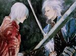  2boys blue_eyes coat dante_(devil_may_cry) devil_may_cry_(series) devil_may_cry_3 fingerless_gloves gloves hair_slicked_back highres holding lovelythorki male_focus multiple_boys rebellion_(sword) red_coat vergil_(devil_may_cry) weapon white_hair yamato_(sword) 