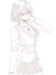  alternate_costume bangs breasts cleavage commentary_request contemporary cowboy_shot eyebrows_visible_through_hair greyscale hair_between_eyes haji_(hajiko) hand_up jewelry kazami_yuuka large_breasts monochrome necklace short_hair short_sleeves simple_background skirt solo touhou white_background 