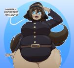  belly big_belly big_breasts blue_eyes breasts brown_hair canid canine canis curvy_figure domestic_dog hair hannah_(disambiguation) hi_res mammal takano takanoart thick_thighs 
