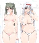  2girls adjusting_hair ass_visible_through_thighs averting_eyes bikini breasts brown_eyes green_hair grey_hair highres kantai_collection large_breasts long_hair looking_at_viewer multiple_girls navel pink_bikini shoukaku_(kancolle) side-tie_bikini_bottom small_breasts smile string_bikini swimsuit thigh_gap twintails white_background white_bikini zekkyon zuikaku_(kancolle) 